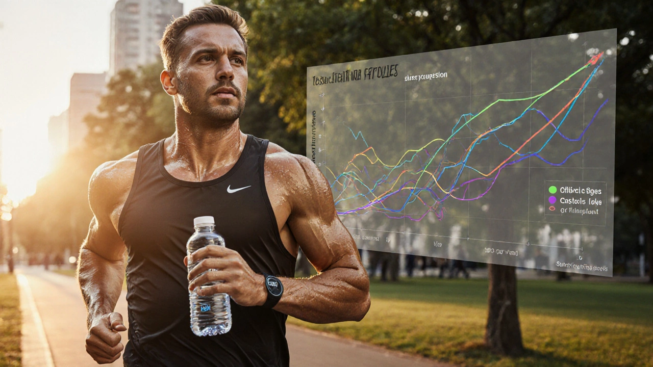 Mann joggt bei Sonnenaufgang, biologische Systeme als durchscheinende Überlagerung sichtbar.