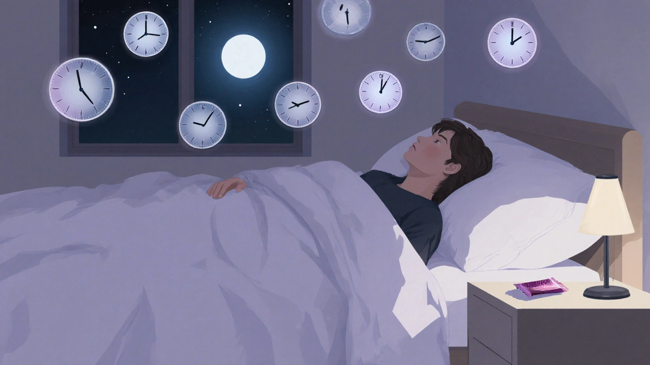 Mensch liegt entspannt im Bett, schwebende Uhrenzeiger zeigen die Dauer der Wirkung an, Mondlicht fällt durch das Fenster.
