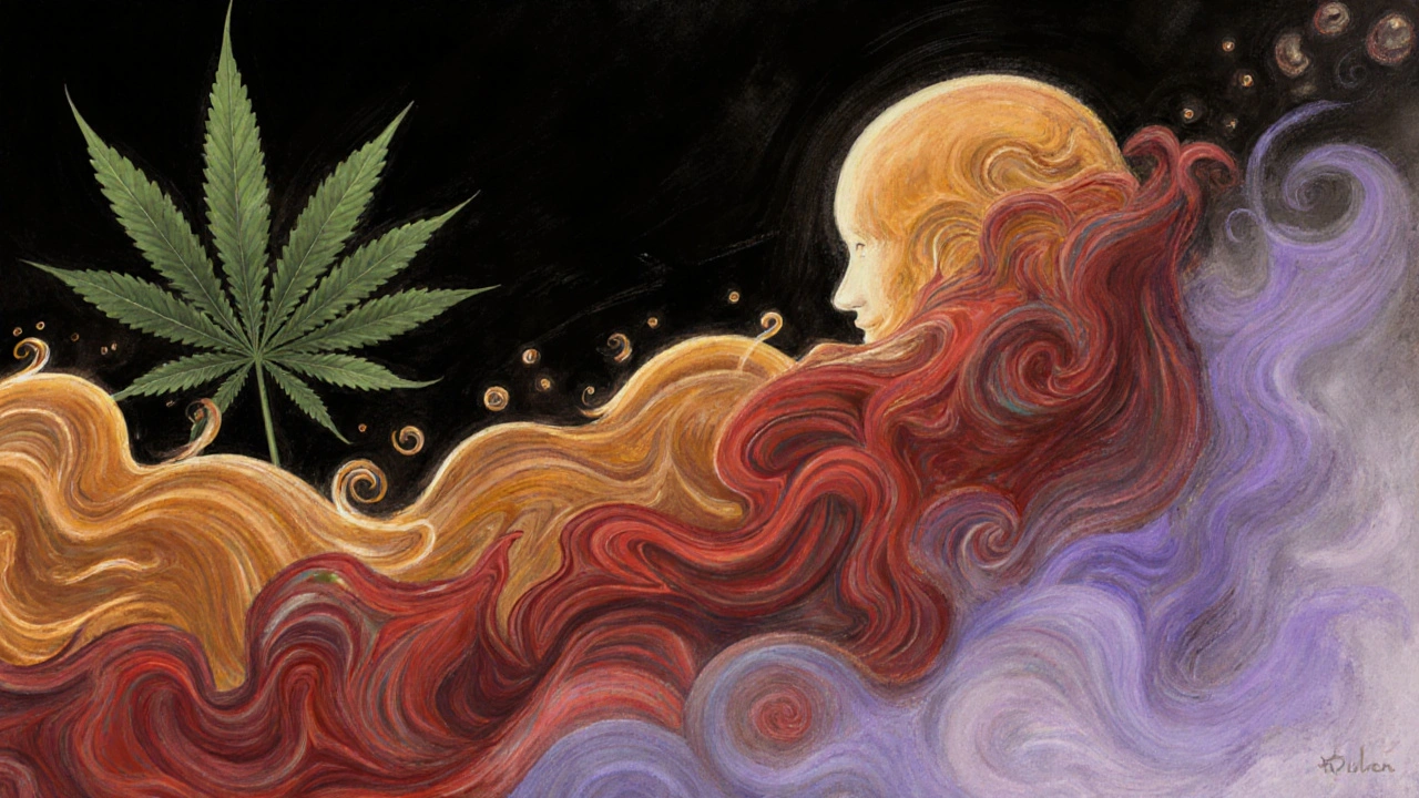 Menschliche Silhouette, umhüllt von farbigen Terpen-Wirbeln, die tiefes Entspannen symbolisieren.