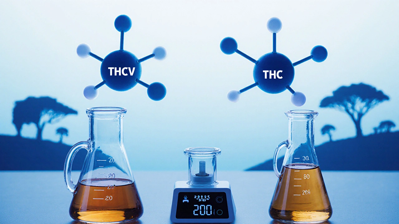 Molekulare Struktur von THCV und THC mit einem Dampfer im Hintergrund, stilisiert in wissenschaftlicher Kunst.