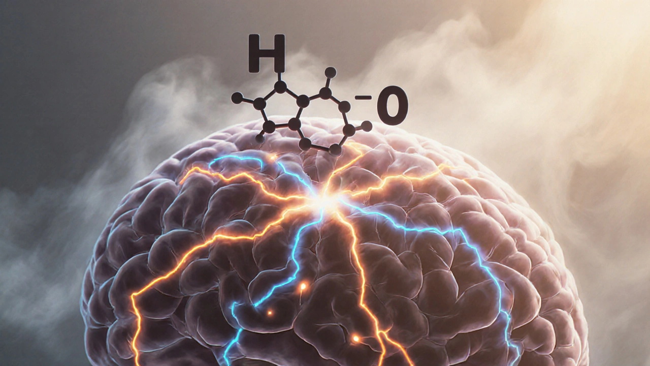 Molekülstruktur von HHC-O mit sanft leuchtenden Verbindungen zu einem Gehirn, abstrakte Nebelhintergrund
