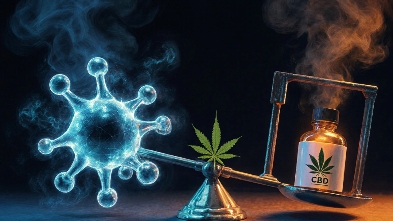 Molekülstruktur von THCP neben Hanfpflanze, Waage zwischen Gefängnis und CBD-Flasche, symbolische Darstellung.