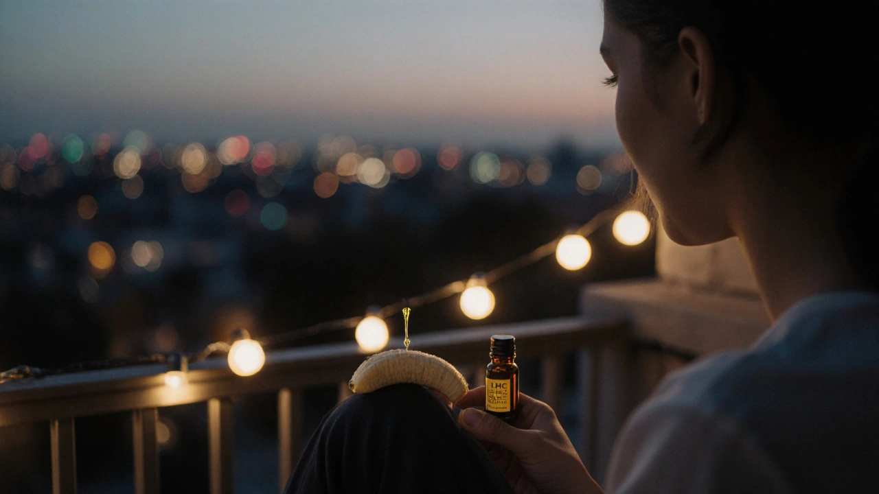 Person auf Balkon mit HHC-Öl und Banane, abendliches Licht, ruhige Atmosphäre.