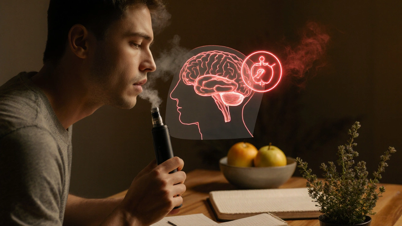 Person dampft THCV, während Hunger-Signale im Hintergrund verschwinden, umgeben von natürlichen Elementen.