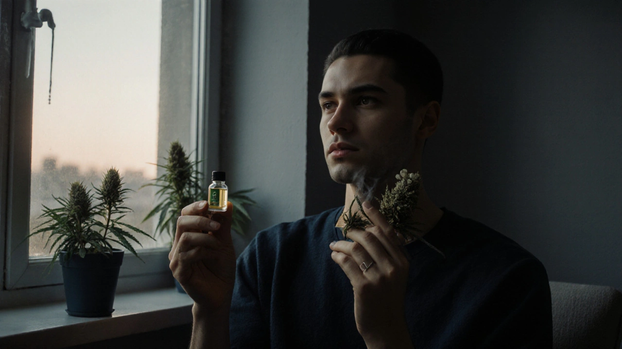 Person hält CBD-Öl und Hanfblüte in der Hand, ruhig am Fenster bei Abendlicht.