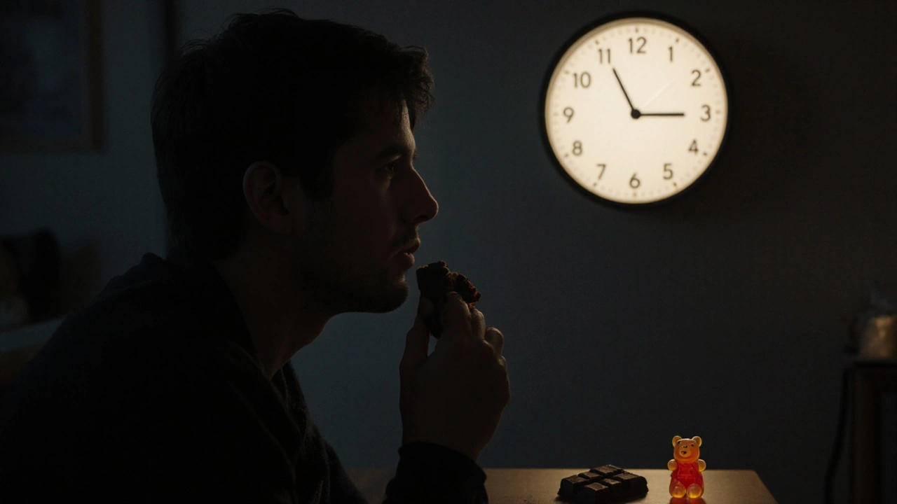 Person hält Stück Schokolade, ruhig in gedämpftem Licht, Zeitverlauf im Hintergrund