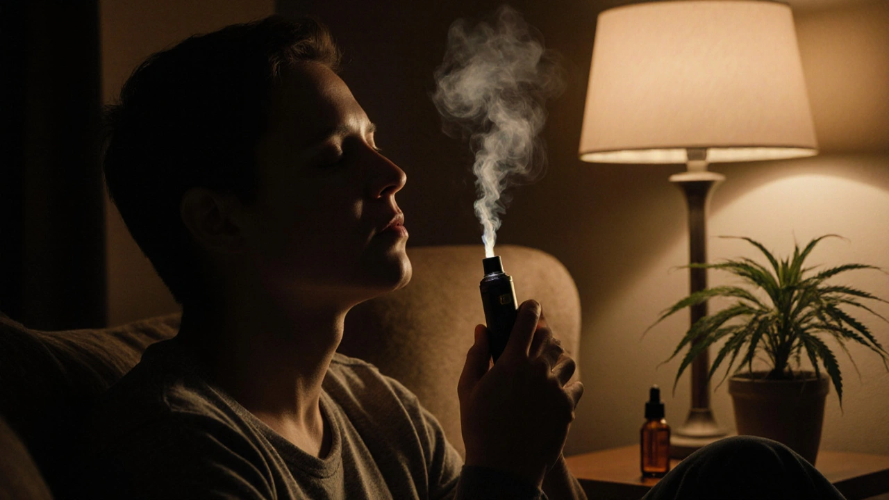 Person mit Vaporizer in ruhiger Abendatmosphäre, entspannt und friedlich