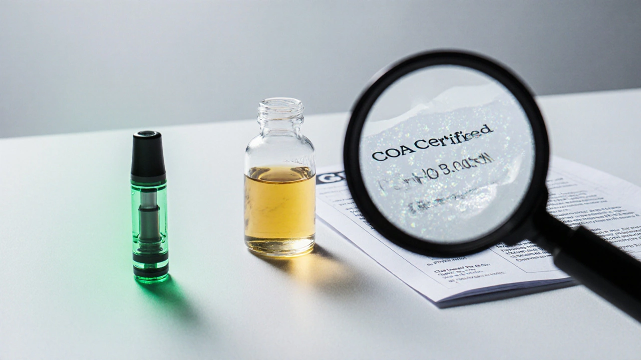 Reines HHC-Öl neben Laborzertifikat und Vergrößerungsglas mit feinen Blasen.
