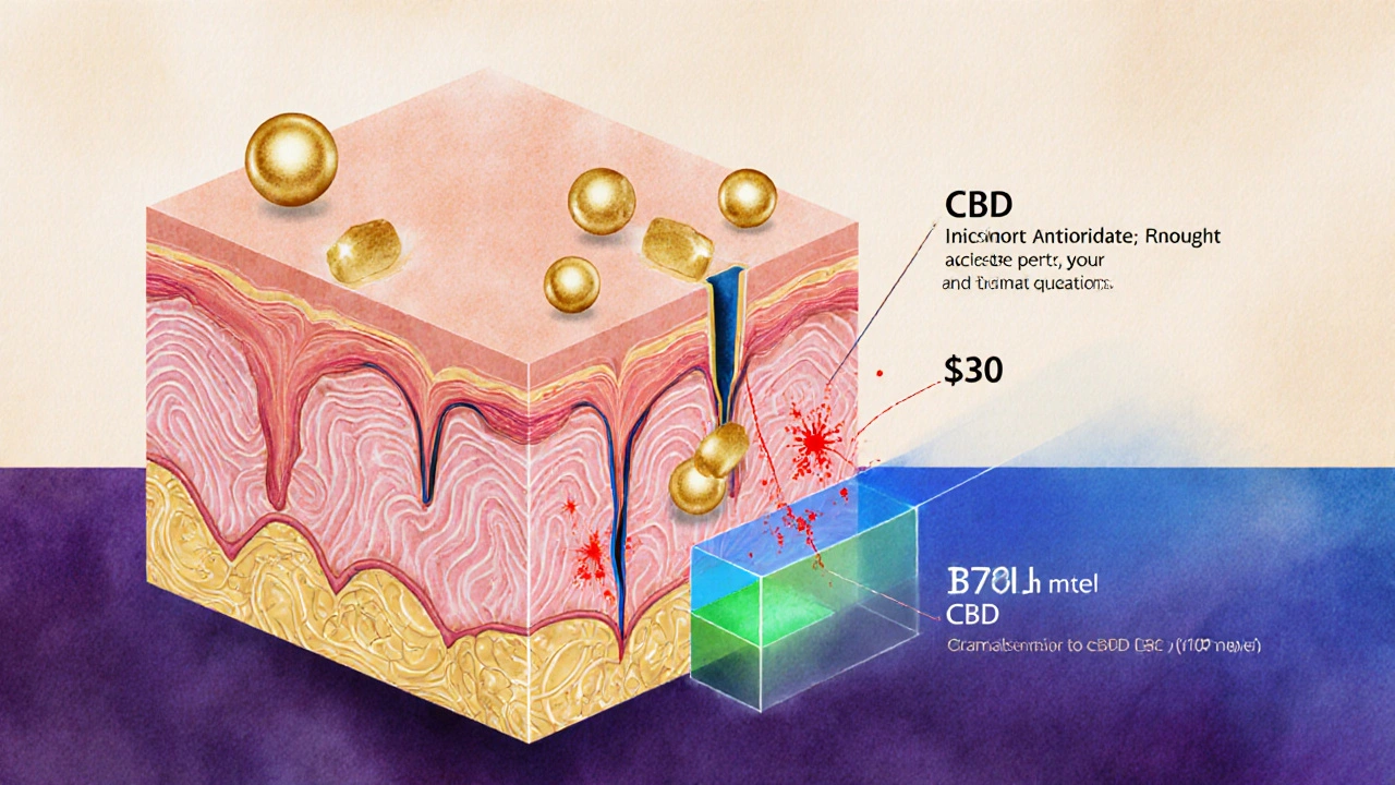 Schematische Darstellung von CBG-Molekülen, die tiefer in die Haut eindringen als CBD, Entzündungen reduzierend.