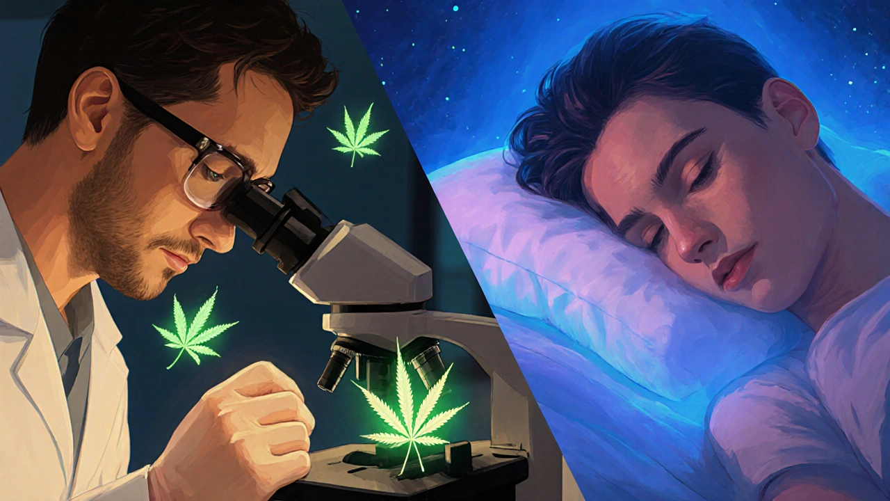 Split-Bild: Laboranalyse von CBD und ruhend schlafende Person mit beruhigendem Licht.