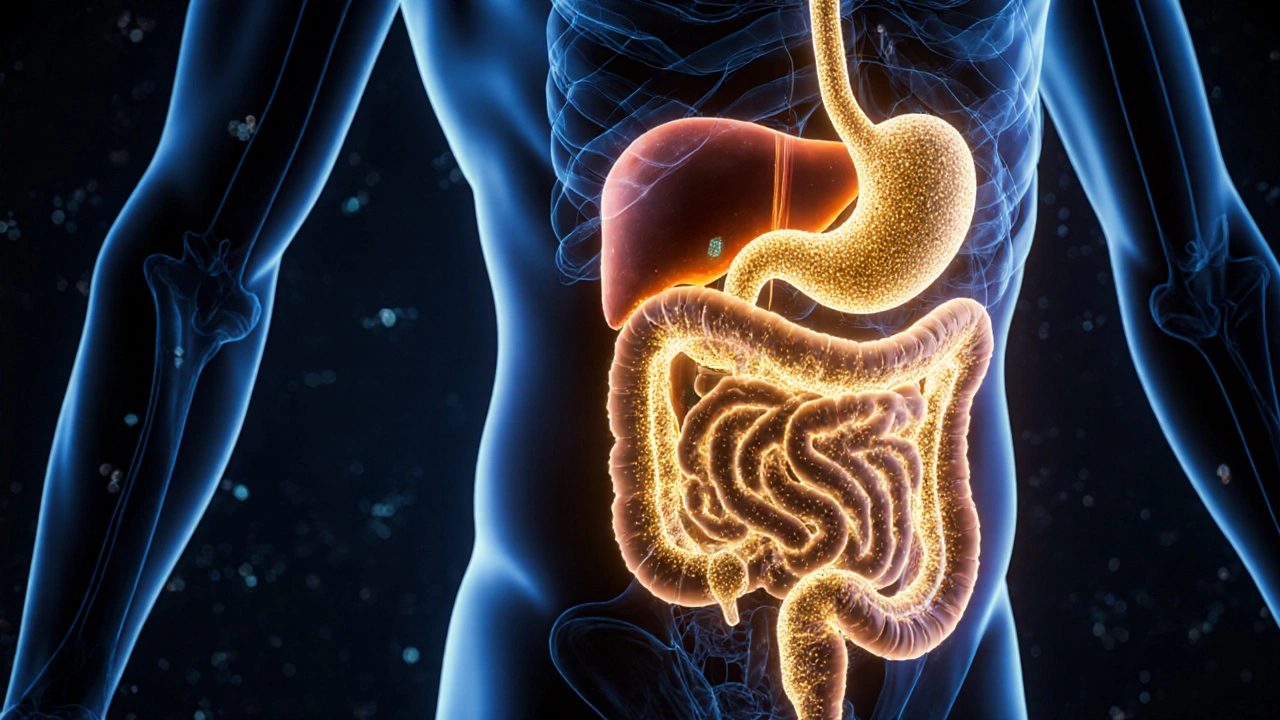 Stilisierte Darstellung des Stoffwechsels von THC in der Leber zu 11-Hydroxy-THC, mit goldenen Partikeln im Körper.