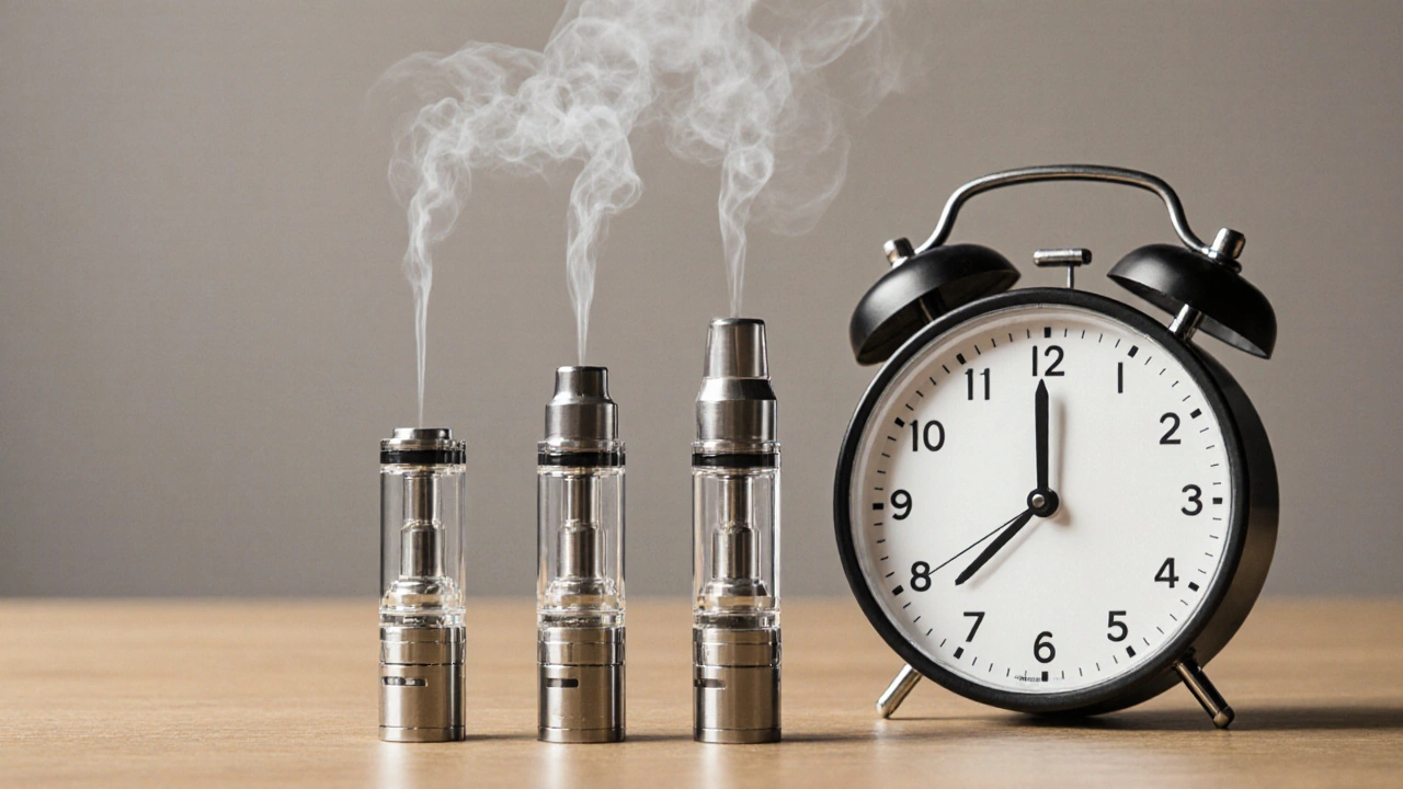 Three CBD cartridges at different usage levels with time markers.