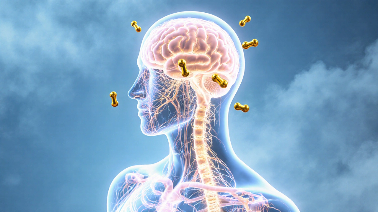 Transluzenter Mensch mit leuchtendem Nervensystem, das CBD-Moleküle aufnimmt.