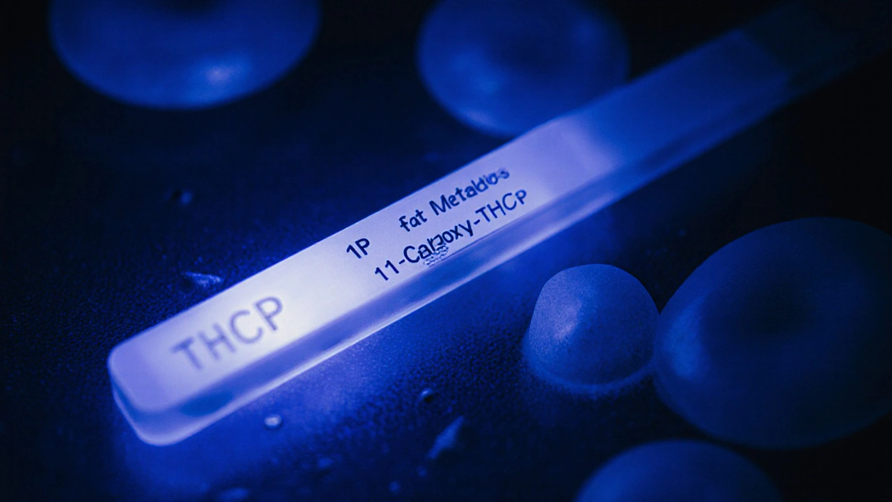 Urin-Teststreifen mit unsichtbaren THCP-Metaboliten, umgeben von Fettzellen, die Rückstände speichern.