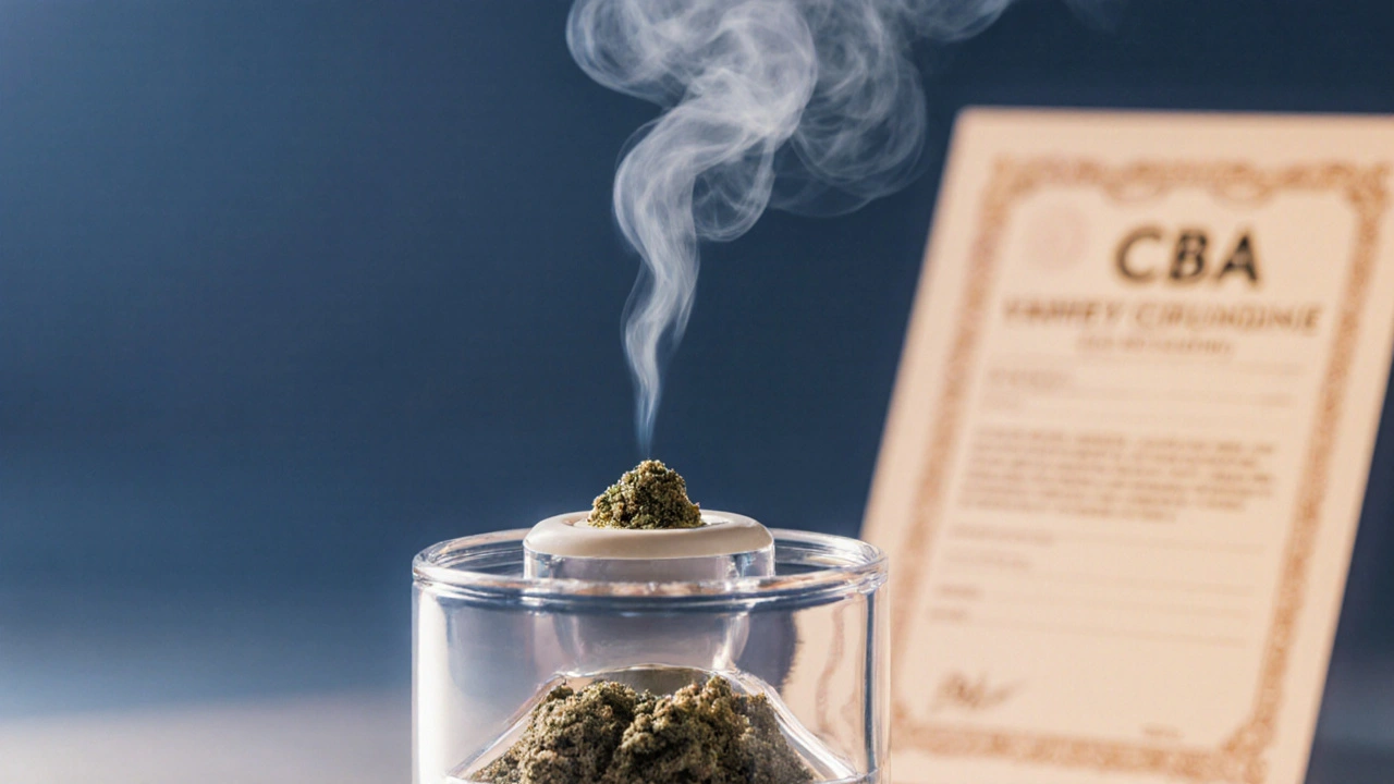 Vaporizer mit winziger Menge CBD-Crumble, die Dampf abgibt