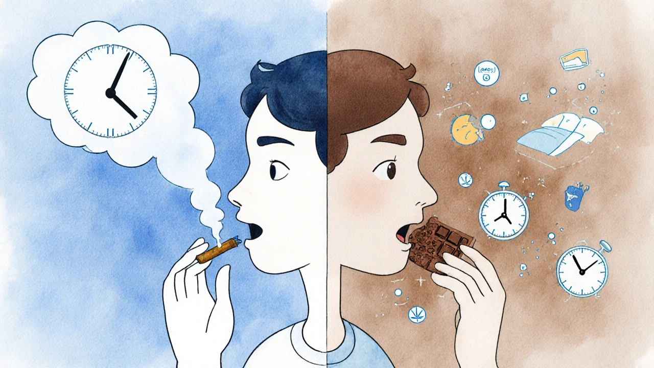 Vergleich: Rauchen vs. Schokolade – Wirkungsdauer und Körperreaktionen als symbolische Darstellung.