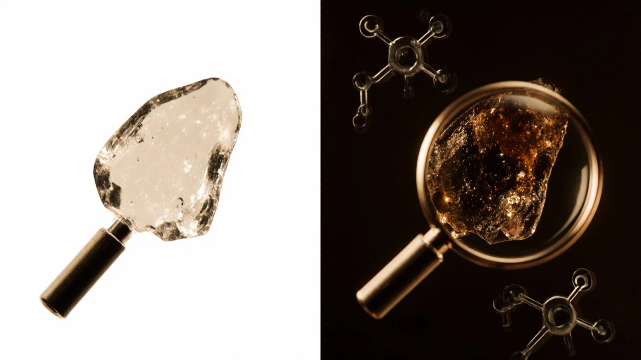 Vergleich von frischem CBD-Shatter und verändertem, klebrigem Resin mit molekularen Umwandlungen.