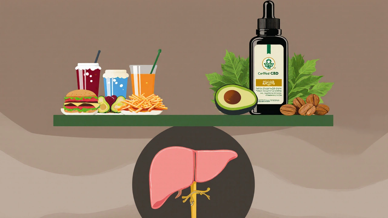 Waage zeigt ungesunde Lebensmittel gegen gesunde Nahrung und CBD-Öl.