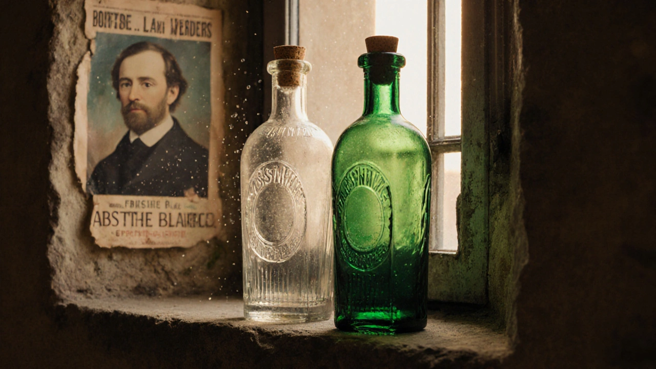 Zwei alte Absinthflaschen, eine klar und eine grün, auf einem steinernen Fensterbrett im Sonnenlicht.