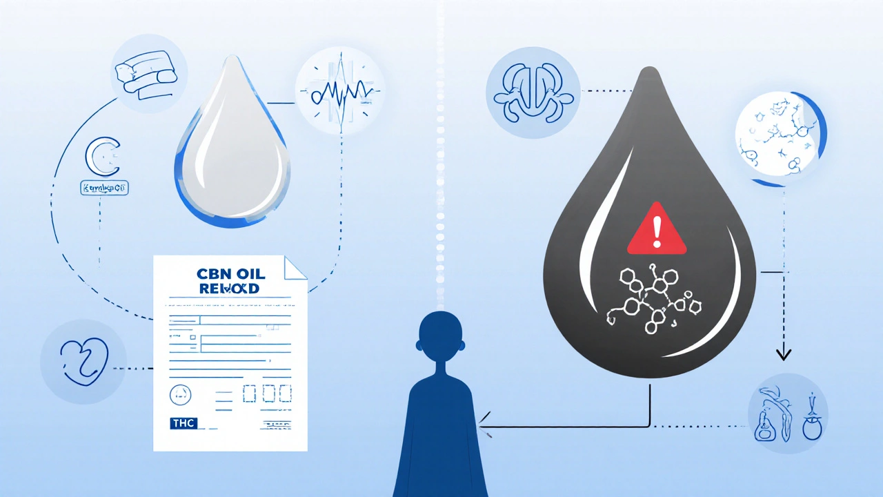 Zwei CBN-Öltropfen: einer rein mit Laborbericht, einer verschmutzt mit THC-Symbolen.