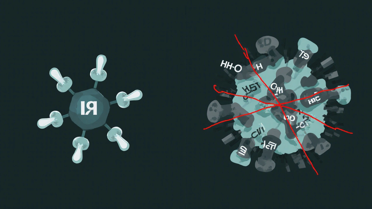 Zwei molekulare Strukturen: reines HHC links, eine gefährliche Mischung rechts mit Warnlinien.