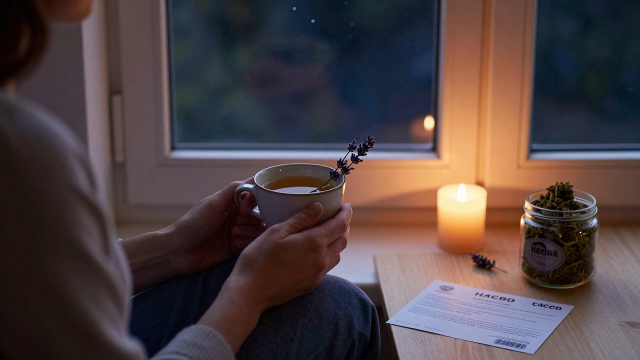 Abendliche Tee-Ritual-Szene mit H4CBD-Blüten und Lavendel in deutschem Wohnraum.