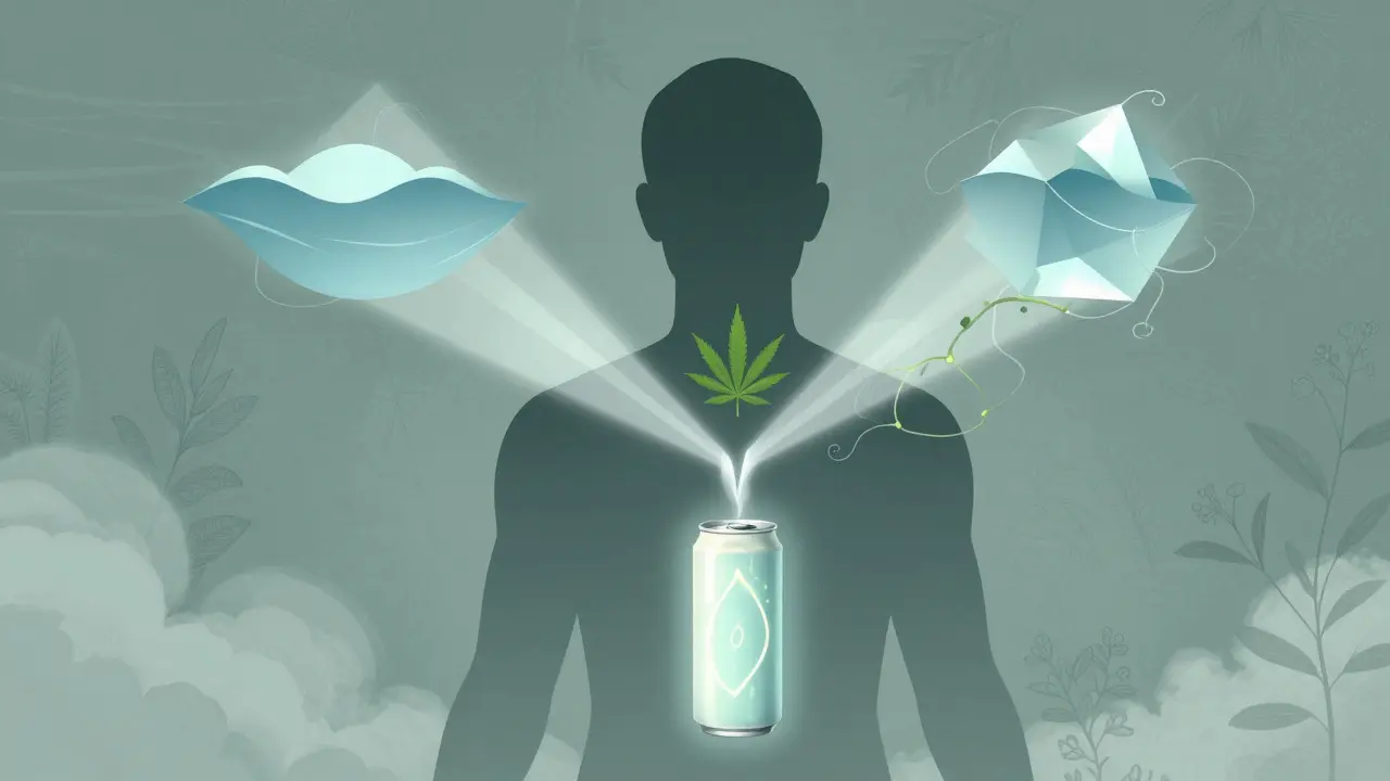 Abstrakte Darstellung einer Person, die von beruhigenden Wellen und klarem Licht umgeben ist, mit einer Cannabis-Pflanze im Zentrum.