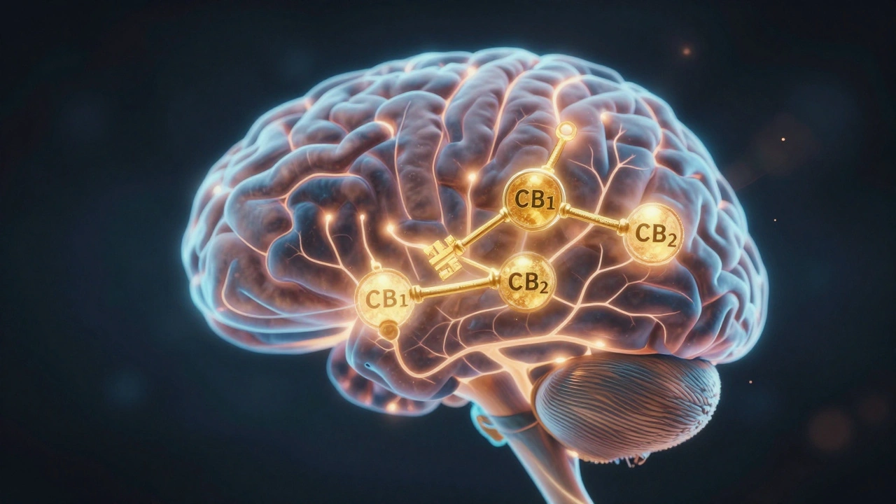 Abstrakte Darstellung von H4CBD-Molekülen, die Rezeptoren im Gehirn aktivieren.