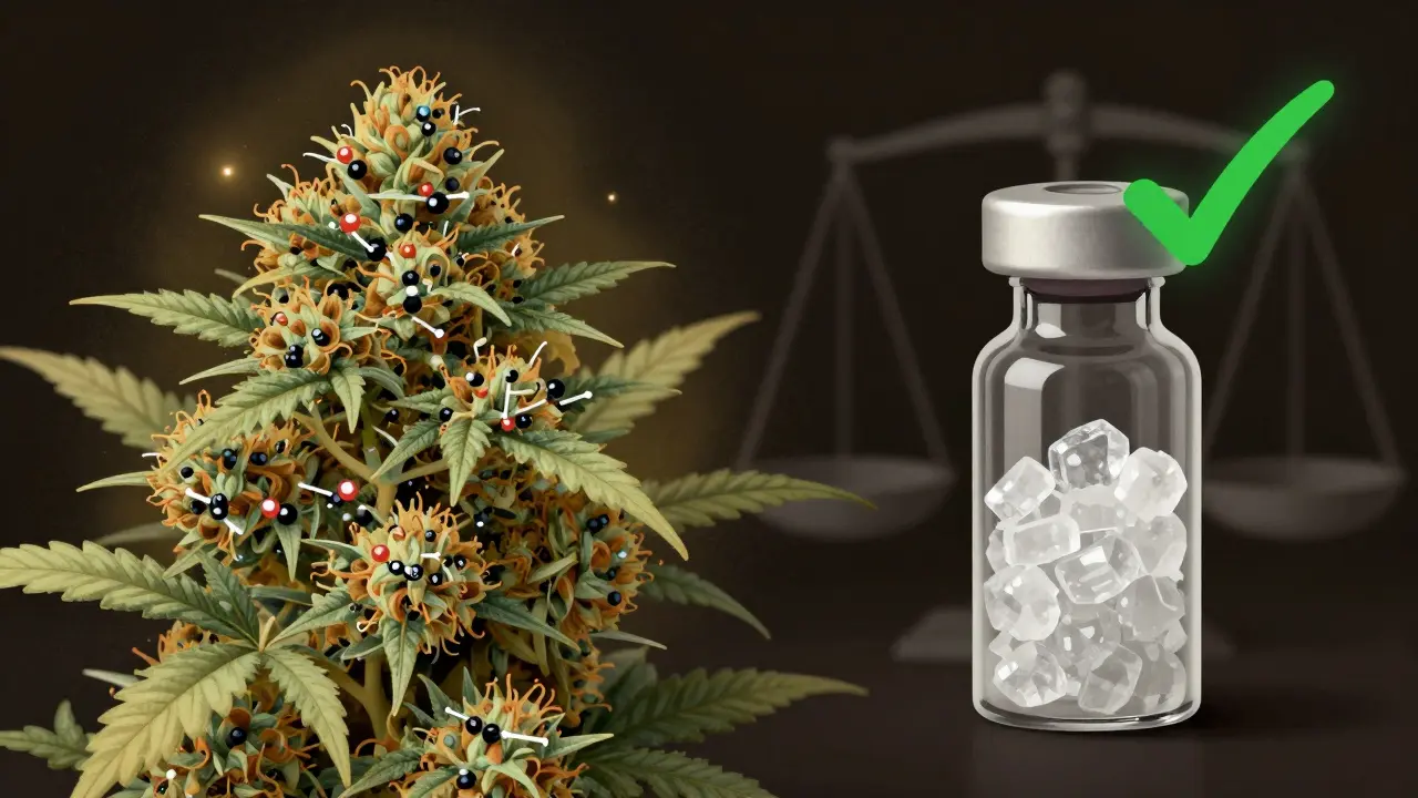 Aufgespaltete Darstellung: veraltete Hanfblüten wandeln THC in CBN um, rechts reines CBN-Isolat mit Prüfsiegel.