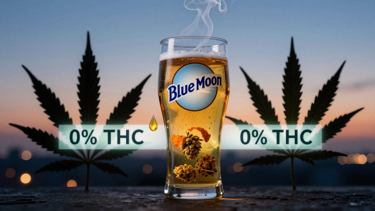 Blue Moon-Bier mit orangenem Duft, getrennt von Cannabis-Silhouetten durch eine &#039;0% THC&#039;-Barriere.