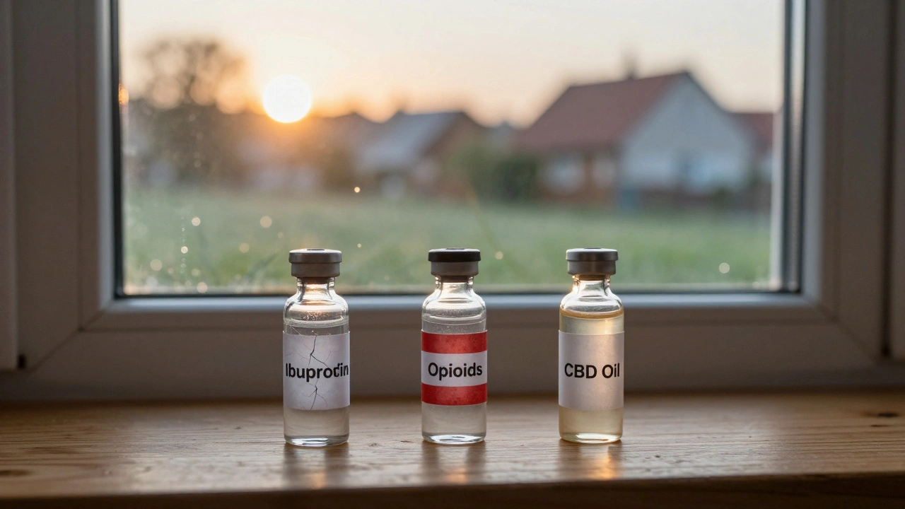 Drei Fläschchen: Ibuprofen, Opioid, CBD – CBD strahlt sanft, Sonnenaufgang draußen, symbolischer Kontrast.