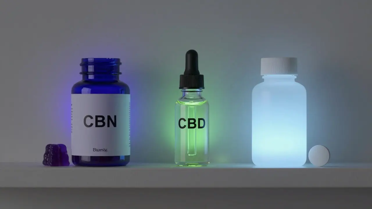 Drei Schlafhilfen nebeneinander: CBN-Gummibonbon, CBD-Öl und Melatonin-Tablette mit sanften Lichtakzenten.