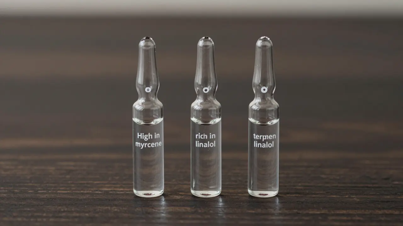 Drei transparente Fläschchen mit unterschiedlichen Terpenprofilen auf dunklem Holz.