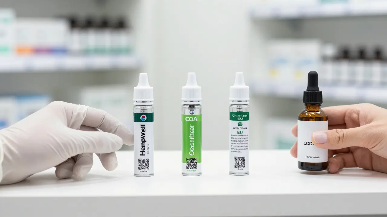 Drei vertrauenswürdige CBD-Vapes mit COA und klaren Zutatenlisten auf einem weißen Tisch.