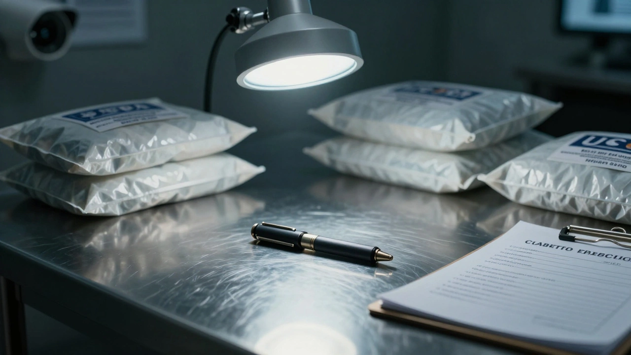 Ein Dab-Pen als Beweisstück auf einem metallischen Tisch in einer Evidenzkammer.