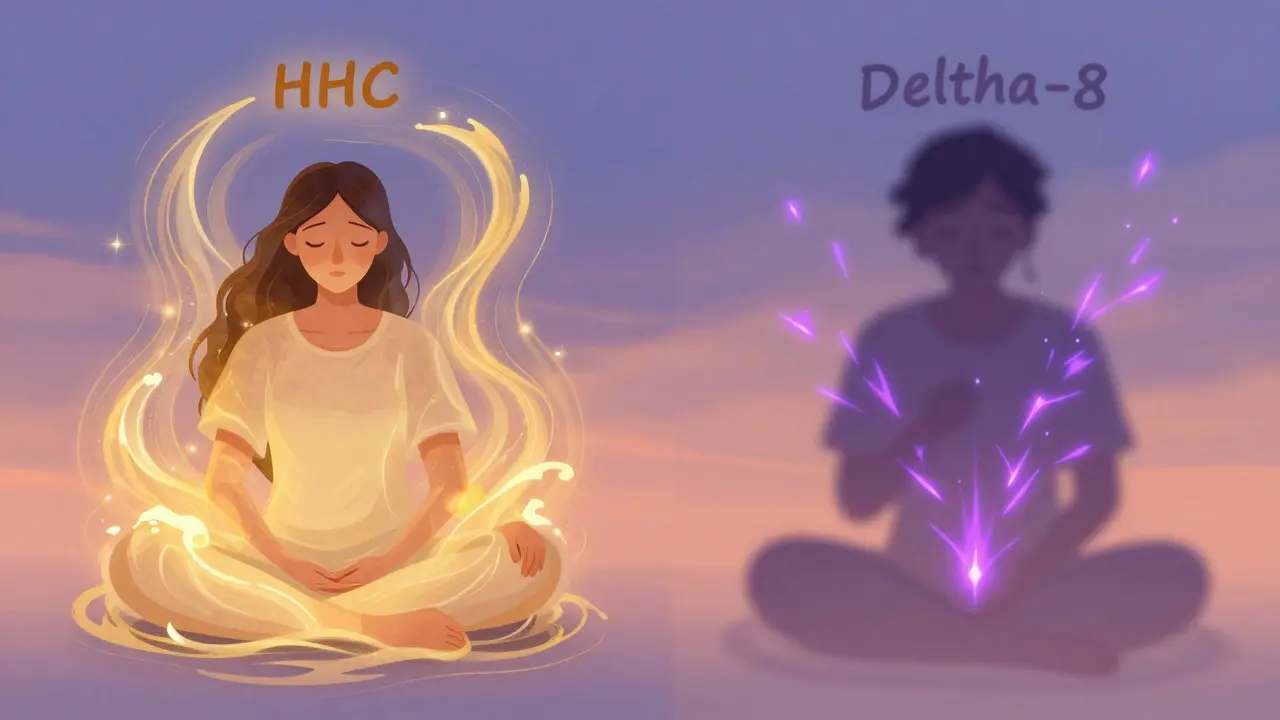 Ein ruhiger Mensch mit goldenen Energiewellen (HHC) gegenüber einem verschwommenen, leicht benommenen Menschen mit flüchtigen Lichtblitzen (Delta-8).