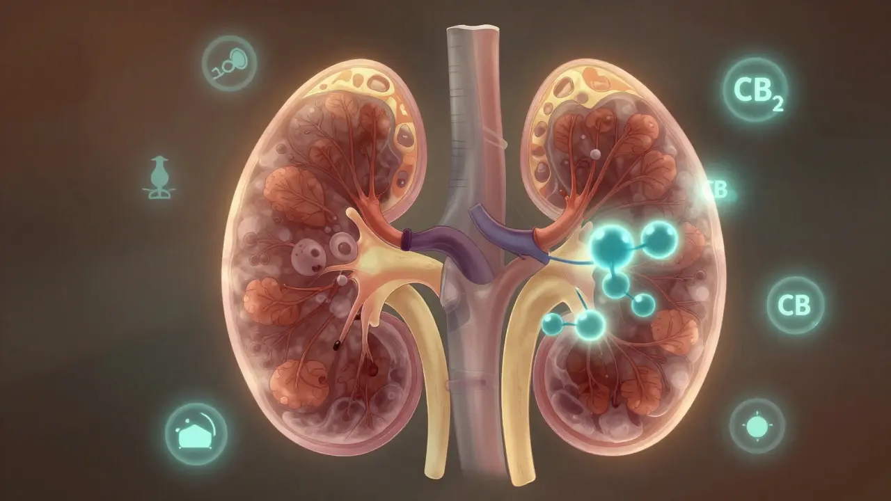 Eine durchscheinende Niere mit aktivierten Rezeptoren, die von CBD-Molekülen beeinflusst werden.