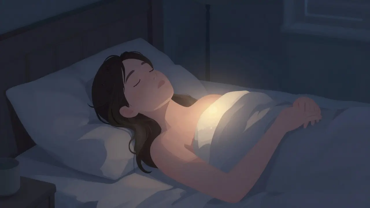 Eine Person in einem Bett, friedlich schlafend, mit einem sanften warmen Licht in der Brust.