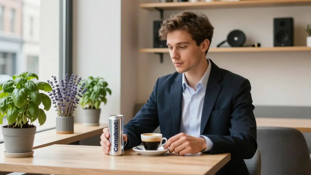 Eine Person stellt eine silberne Cannabis-Energie-Dose neben einen Espresso in einem modernen Café.