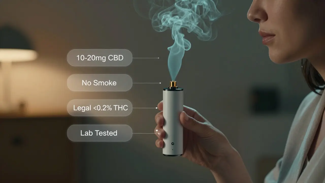 Eine Person verdampft vorsichtig CBD-Hash, während sanfte Dämpfe und wichtige Informationen schweben.