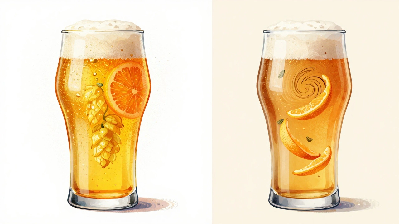 Gegenüberstellung von IPA (hopfig, citrus) und Blue Moon (weich, orangenaromatisch) in Gläsern.