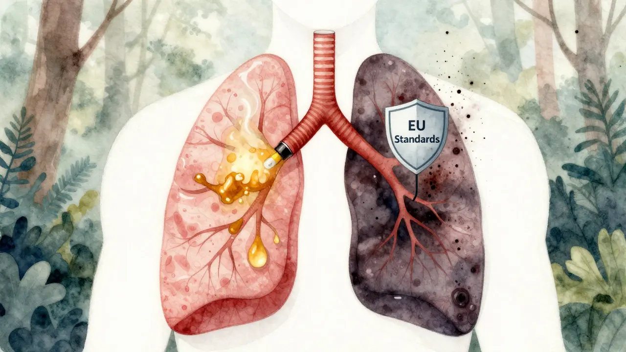 Gesunde Lunge mit reinem CBD-Dampf im Vergleich zu einer geschädigten Lunge mit schädlichen Zusatzstoffen.