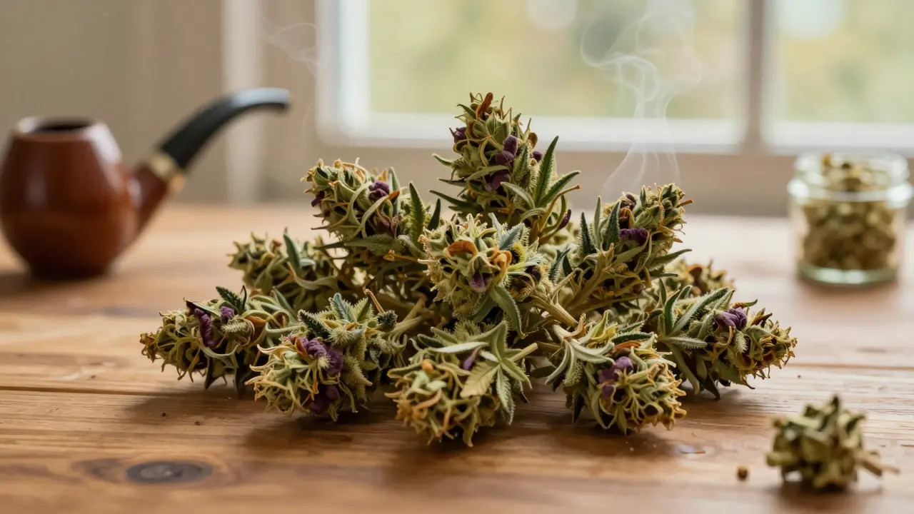 Getrocknete CBD-Blüten mit aufsteigendem Dampf auf Holztisch, natürliche Beleuchtung