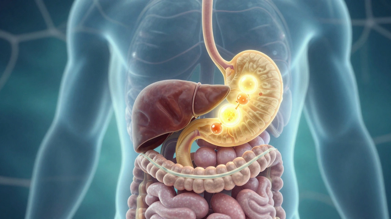 Glowender CBD-Molekül-Pfad durch Magen und Leber in den Blutkreislauf.