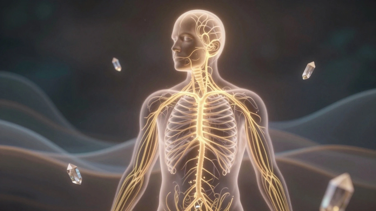 Glowendes Nervensystem mit schwebenden CBD-Kristallen.