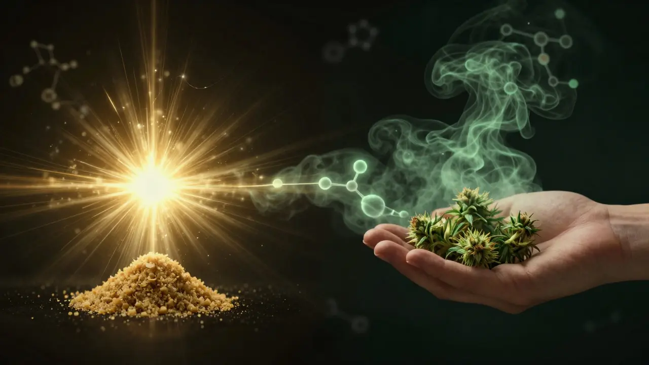 Konzeptuelles Bild: CBD-Crumble mit konzentriertem Lichtstrahl vs. CBD-Blüten mit diffusen Dämpfen