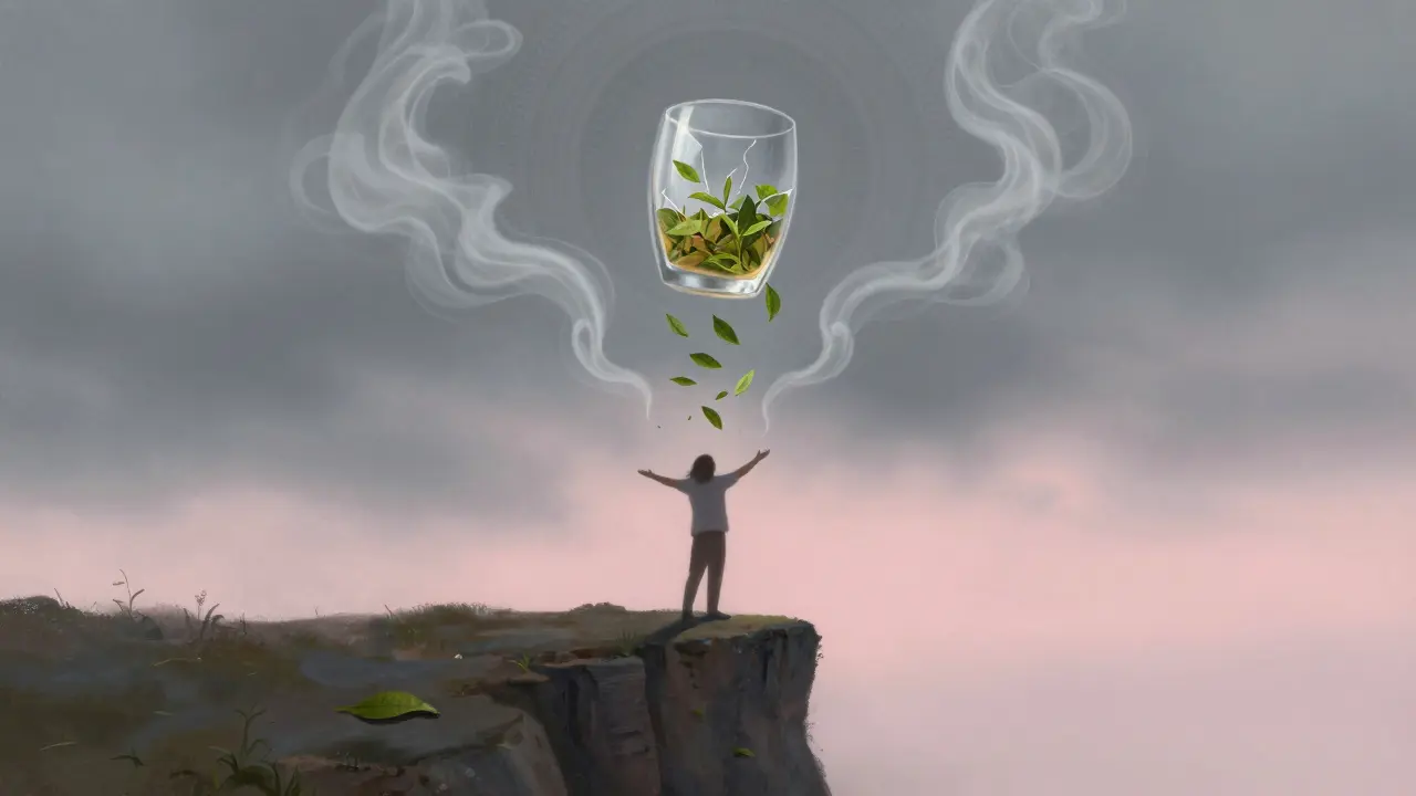 Mensch steht an einem Kliff, umgeben von CBD-Dampf und zerfallendem Alkoholglas, Symbol für natürliche Entspannung.