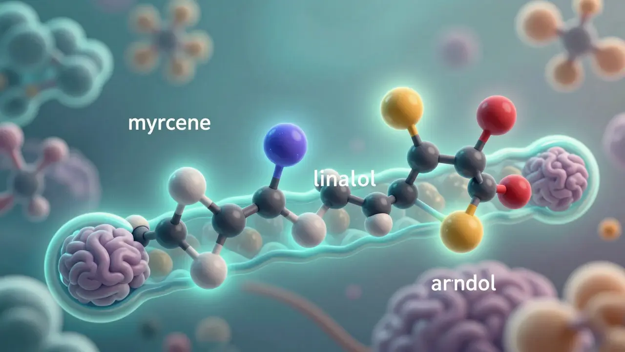 Molekulare Darstellung von Myrcen, Linalool und Caryophyllen, die die Blut-Hirn-Schranke durchdringen.
