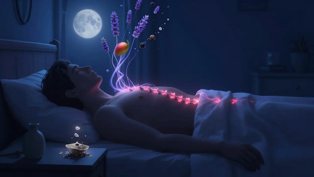 Nächtliche Schlafszene mit schwebenden Terpenen und CBN-Energie um den Körper