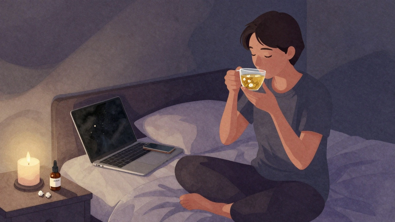 Person atmet ruhig und trinkt Kamillentee, Bildschirme sind ausgeschaltet